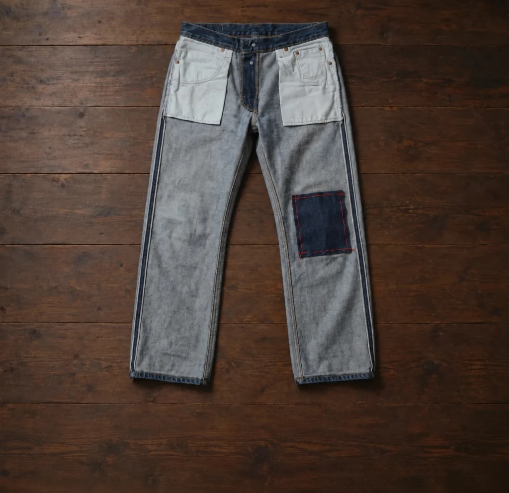 Fully inside-out jeans with a dark denim patch at the left knee, held in place with red temporary tacking stitches before the permanent repair.